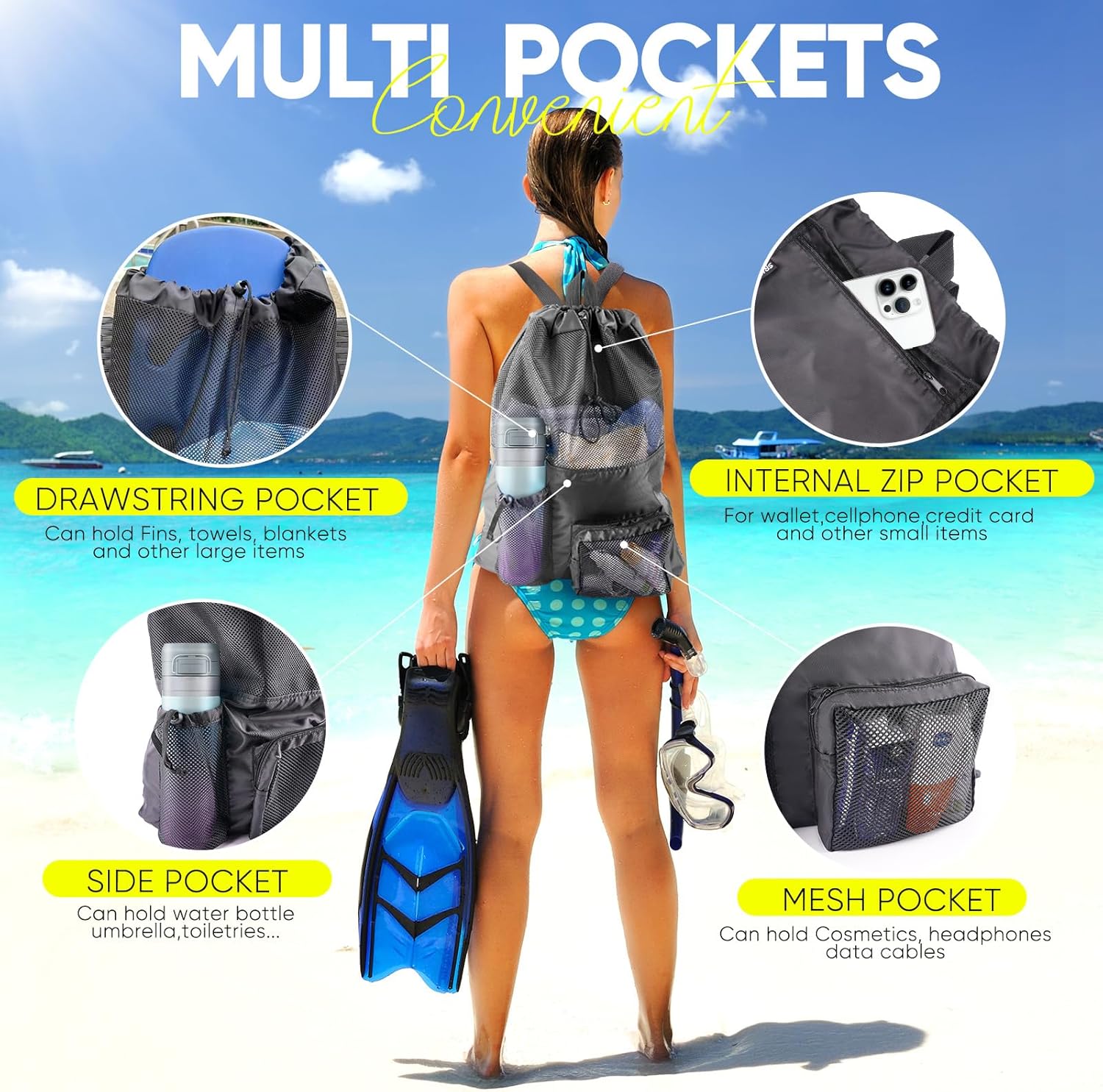 Swim Mesh Beach Bag, Waterproo - Drawstring Gym Bag บทวิจารณ์และราคา