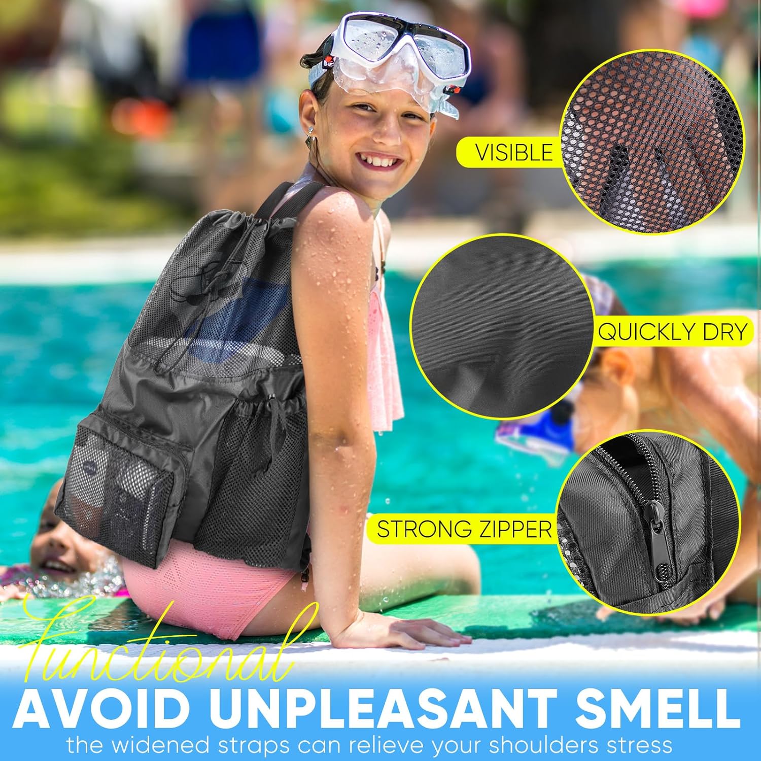 Swim Mesh Beach Bag, Waterproo - Drawstring Gym Bag บทวิจารณ์และราคา
