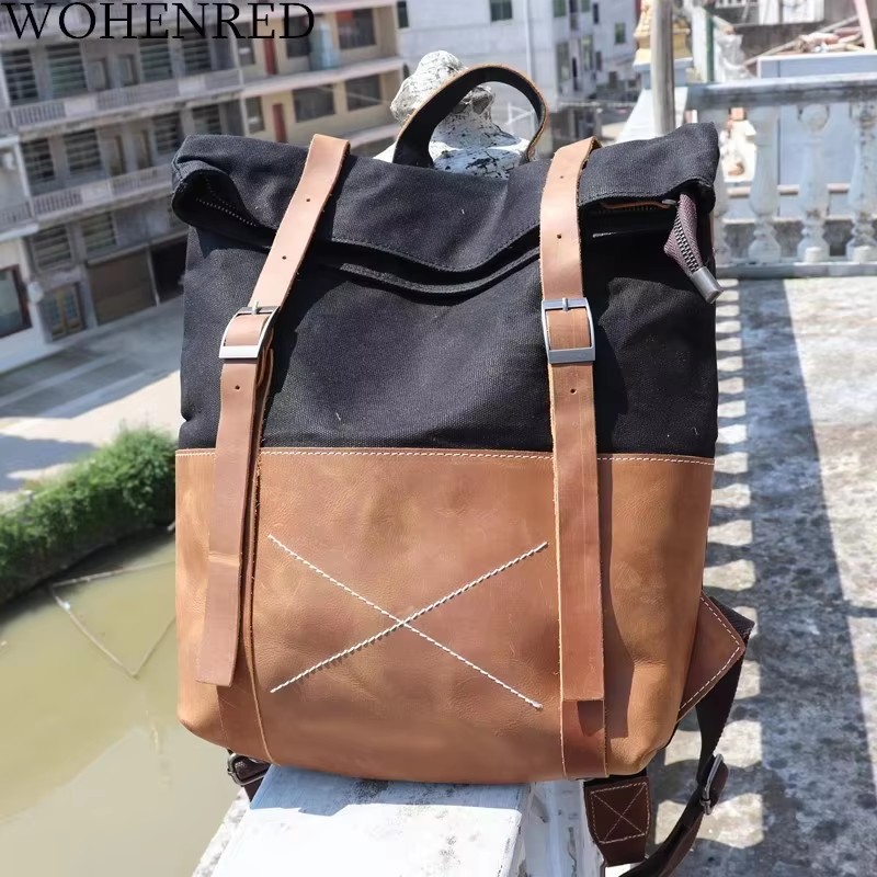 Fashion Men Backpack Waxed Can - Leather Backpack Vintage บทวิจารณ์และราคา